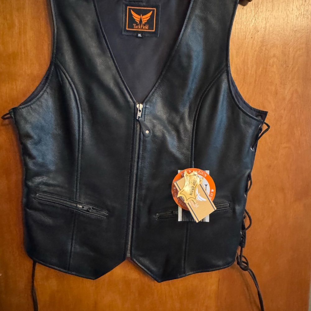 Black Leather Motorcycle Riding Vest by First Manufacturing Conceal Pocket